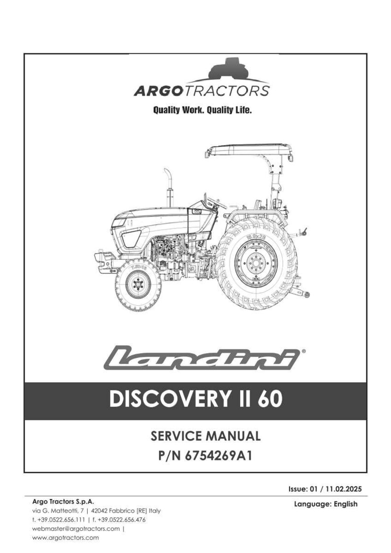 Op de afbeelding: Een servicehandleiding voor de Landini Discovery II 60 tractor, met een gedetailleerde lijntekening van de tractor. De handleiding bevat het Argo Tractors logo en de tekst "Quality Work. Quality Life."
