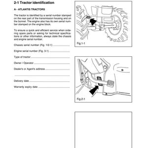 May include: A page from a tractor manual with the title "INTRODUCTION" and "Sect.2-Tractor identification and technical specifications." The text describes tractor identification, including serial numbers and diagrams. The page includes illustrations of tractor components.