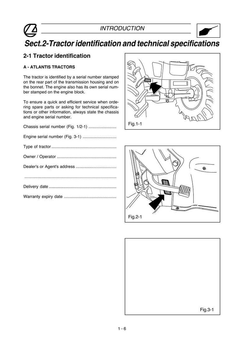 May include: A page from a tractor manual with the title "INTRODUCTION" and "Sect.2-Tractor identification and technical specifications." The text describes tractor identification, including serial numbers and diagrams. The page includes illustrations of tractor components.