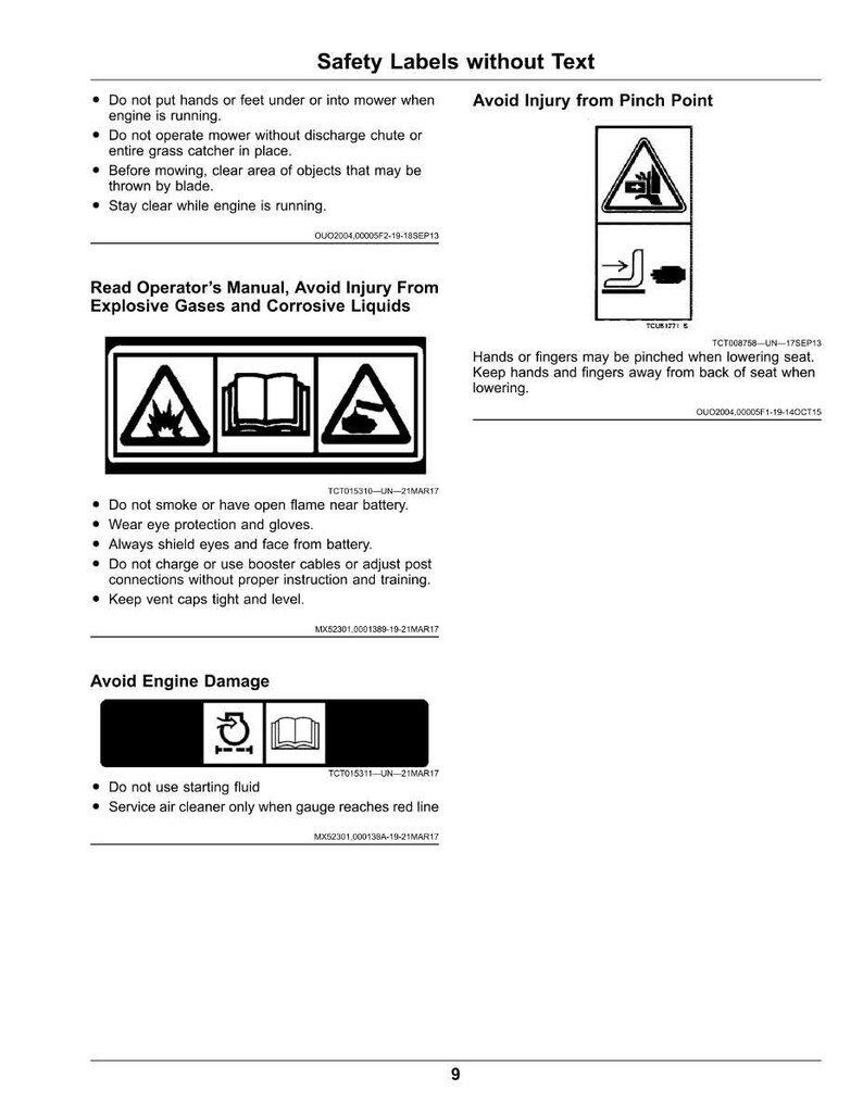 May include: A page of safety labels with text and warning symbols. The labels cover topics like avoiding injury from pinch points, explosive gases, and engine damage. Instructions include keeping hands away and wearing eye protection.