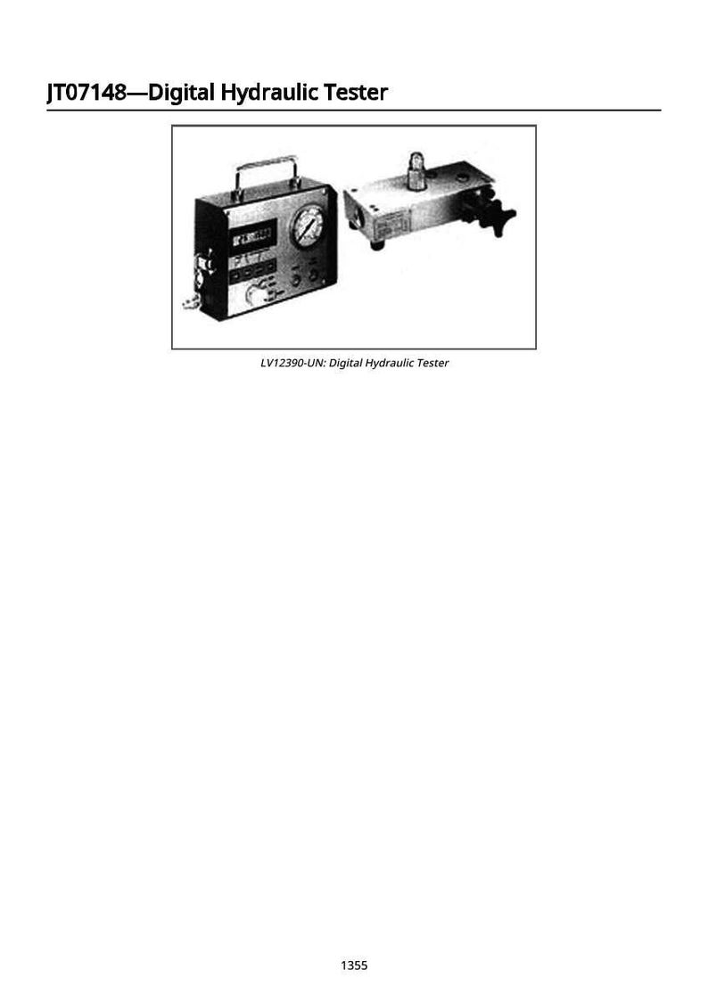 May include: Monochrome image of a digital hydraulic tester. The tester features a gauge, buttons, and a handle. The text "JT07148&mdash;Digital Hydraulic Tester" is at the top. The text "LV12390-UN: Digital Hydraulic Tester" is below the image.