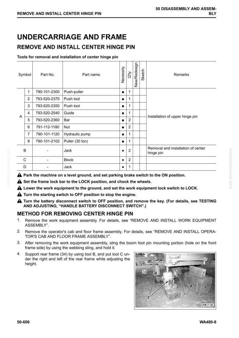 May include: A technical diagram detailing the removal and installation of a centre hinge pin. The document includes a parts list with part numbers, descriptions, and quantities, along with step-by-step procedures and diagrams. The image is a page from a manual.