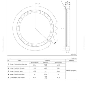 May include: Technical diagram of a sprocket, a circular mechanical part with teeth. The diagram includes measurements in millimeters, such as the wear of the tooth bottom diameter at 579.3 mm and the wear of the tooth tip diameter at 652 mm.