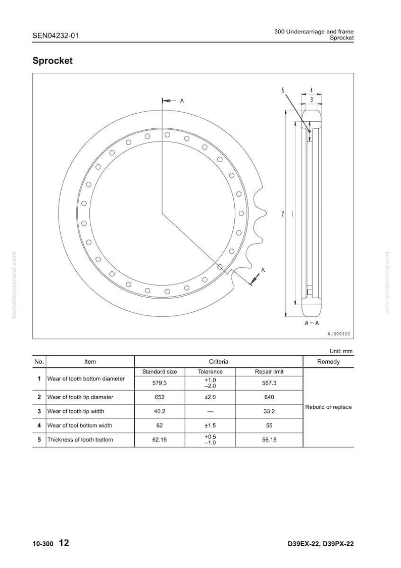 May include: Technical diagram of a sprocket, a circular mechanical part with teeth. The diagram includes measurements in millimeters, such as the wear of the tooth bottom diameter at 579.3 mm and the wear of the tooth tip diameter at 652 mm.