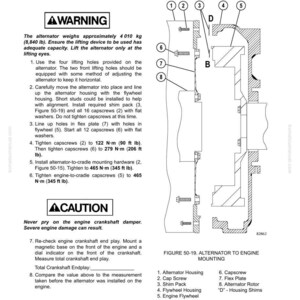 May include: Diagram of an alternator to engine mounting assembly. The image includes a warning about the alternator's weight, approximately 8,840 lb. Instructions detail the installation process, including tightening capscrews to specific torque values.