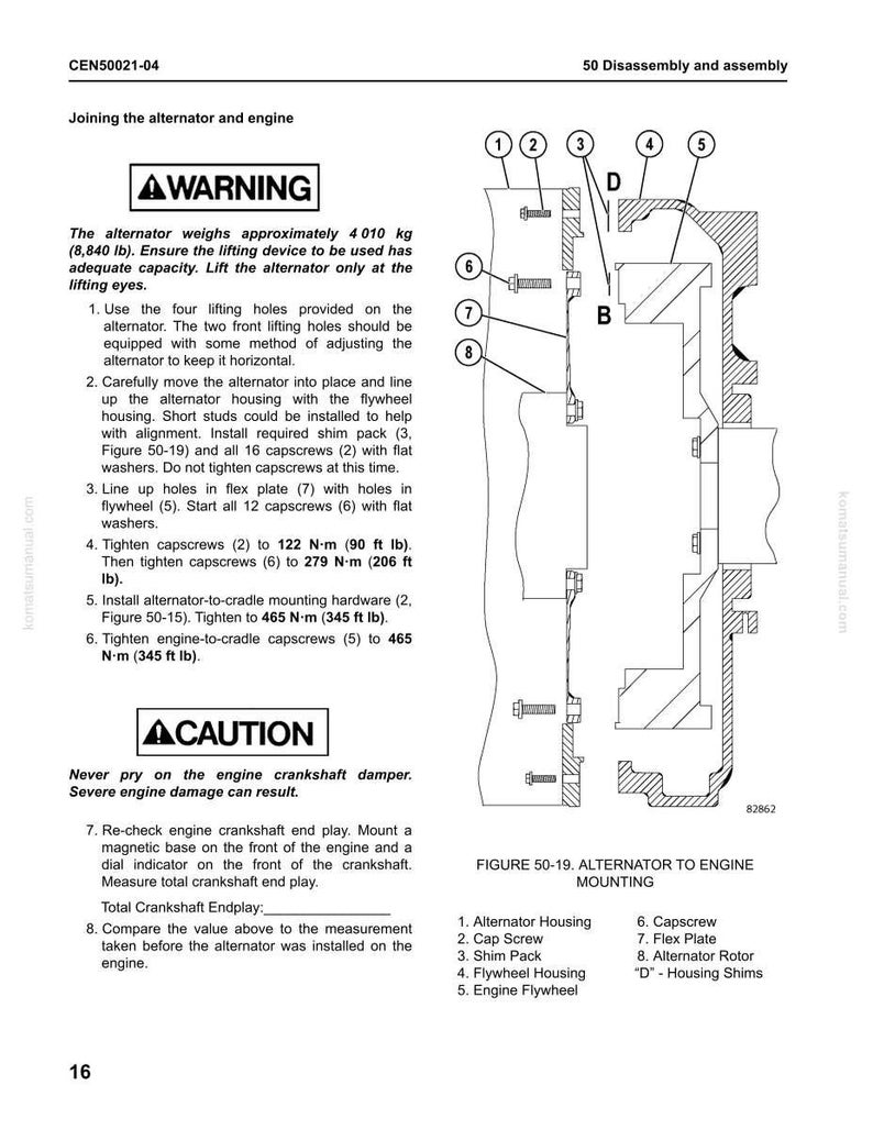 May include: Diagram of an alternator to engine mounting assembly. The image includes a warning about the alternator's weight, approximately 8,840 lb. Instructions detail the installation process, including tightening capscrews to specific torque values.