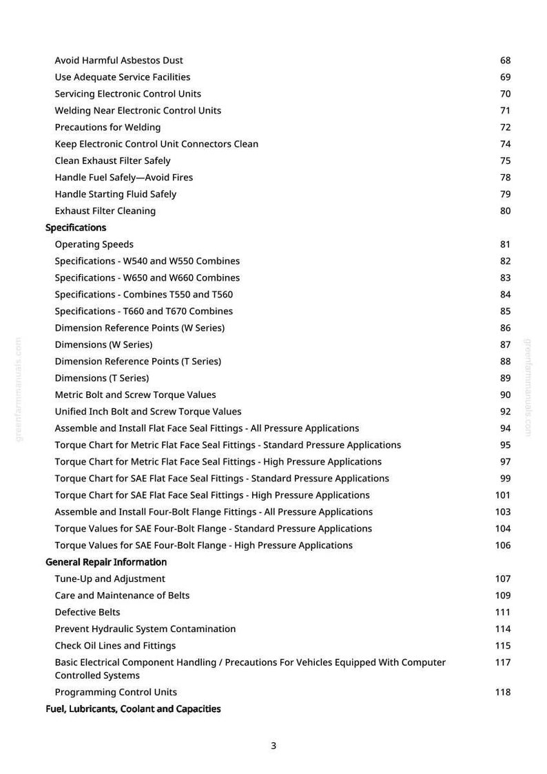 May include: A printed page from a manual with a list of specifications and general repair information. The text includes topics like "Avoid Harmful Asbestos Dust", "Operating Speeds", and "Tune-Up and Adjustment". The page number is 3.