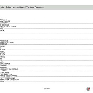 May include: A page from a manual titled "Table of Contents" with German, French, and English translations. The document lists various engine maintenance and component topics, including maintenance kits, hose clamps, and engine cooling.