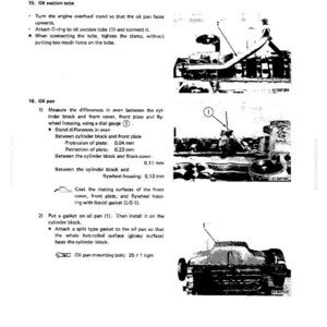 May include: A page from a manual detailing the disassembly and assembly of an engine. The text describes steps for the oil suction tube and oil pan, with diagrams and measurements in millimeters.