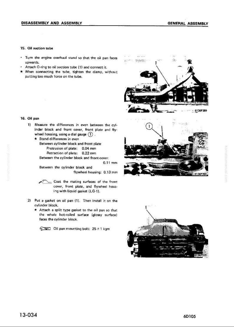 May include: A page from a manual detailing the disassembly and assembly of an engine. The text describes steps for the oil suction tube and oil pan, with diagrams and measurements in millimeters.