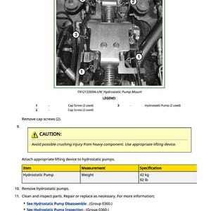 Puede incluir: Diagrama de un soporte de bomba hidrost&aacute;tica, etiquetado TX1213309A-UN. La imagen muestra la bomba con tornillos y una advertencia sobre lesiones por aplastamiento. El peso de la bomba hidrost&aacute;tica es de 42 kg.
