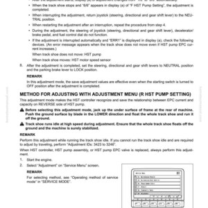 Op de afbeelding: Een pagina uit een handleiding getiteld "30 Testen en Afstellen" met instructies voor de werking van de machinemonitor. Bevat diagrammen en tekst over aanpassingen, instellingen en servicemenu-opties. De pagina komt van komatsumanual.com.