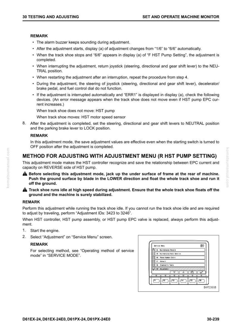Op de afbeelding: Een pagina uit een handleiding getiteld "30 Testen en Afstellen" met instructies voor de werking van de machinemonitor. Bevat diagrammen en tekst over aanpassingen, instellingen en servicemenu-opties. De pagina komt van komatsumanual.com.