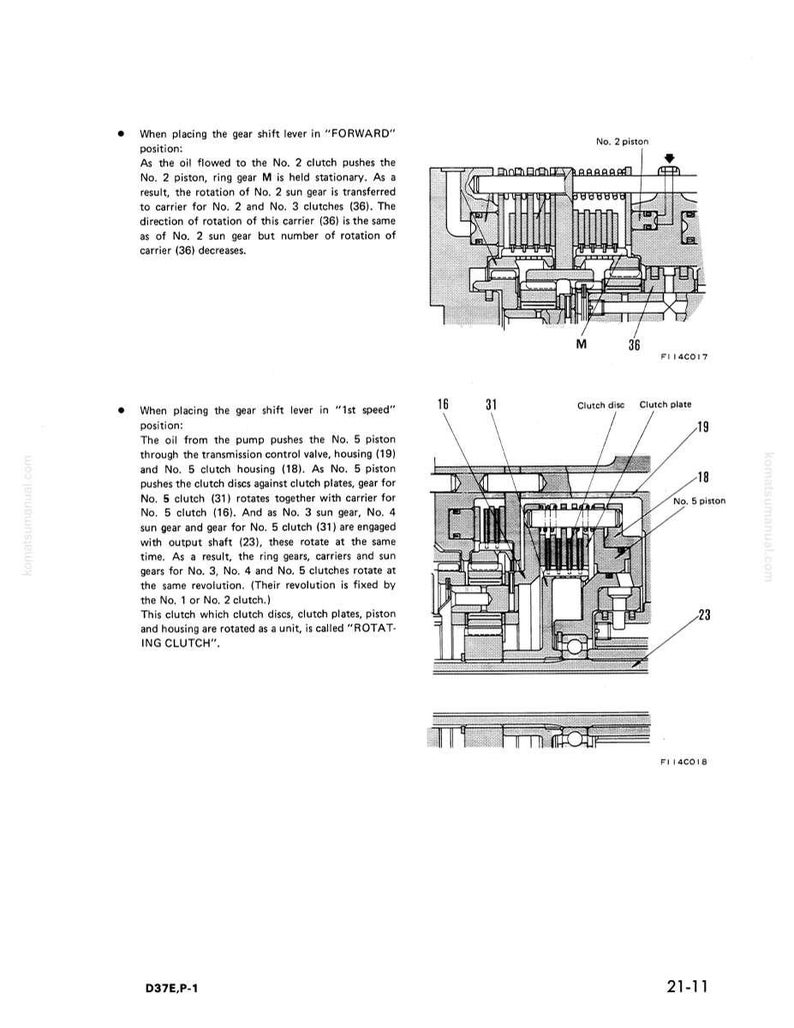 May include: Diagram of a mechanical component with labels and annotations. The image includes detailed illustrations of internal parts, such as pistons, gears, and clutches, with arrows indicating movement and function. Text explains the gear shift lever positions.