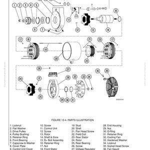 May include: An exploded diagram of a 24 VDC electric supply system with a 240 Amp Niehoff Alternator. The illustration, labeled Figure 13-4, shows various components including a rotor, stator, and cooling fan, with a parts list below.
