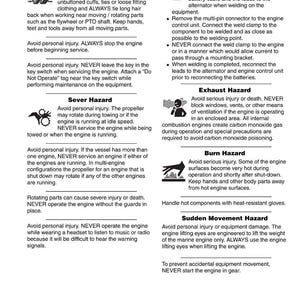 May include: Safety precautions document with warnings about entanglement, electrical, exhaust, and burn hazards. Includes instructions for safe engine operation and maintenance, with illustrations and text.