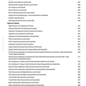 May include: A page from a manual with a table of contents. The headings include Buckets, Frames, and Hydraulic System. Various procedures are listed with corresponding page numbers, such as "Bucket Remove and Install" and "Hydraulic Pump Remove and Install."