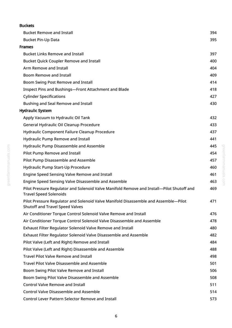 May include: A page from a manual with a table of contents. The headings include Buckets, Frames, and Hydraulic System. Various procedures are listed with corresponding page numbers, such as "Bucket Remove and Install" and "Hydraulic Pump Remove and Install."