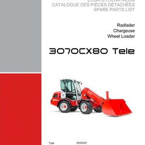 May include: A red and white Weidemann 3070CX80 Tele wheel loader, with the text "Spare Parts List" and "Wheel Loader". The image includes the model number, serial number, and other technical details.