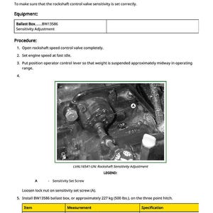 K&ouml;nnte beinhalten: Abbildung des Verfahrens zur Einstellung der Rockshaft-Empfindlichkeit. Das Bild zeigt das Rockshaft-Steuerventil und Anweisungen zur Einstellung der Empfindlichkeit. Der Text enth&auml;lt Schritte und Ausr&uuml;stung, wie z. B. den Ballastkasten BW13586, mit ca. 227 kg Gewicht.