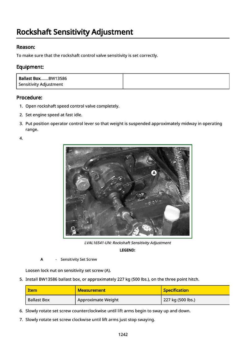K&ouml;nnte beinhalten: Abbildung des Verfahrens zur Einstellung der Rockshaft-Empfindlichkeit. Das Bild zeigt das Rockshaft-Steuerventil und Anweisungen zur Einstellung der Empfindlichkeit. Der Text enth&auml;lt Schritte und Ausr&uuml;stung, wie z. B. den Ballastkasten BW13586, mit ca. 227 kg Gewicht.