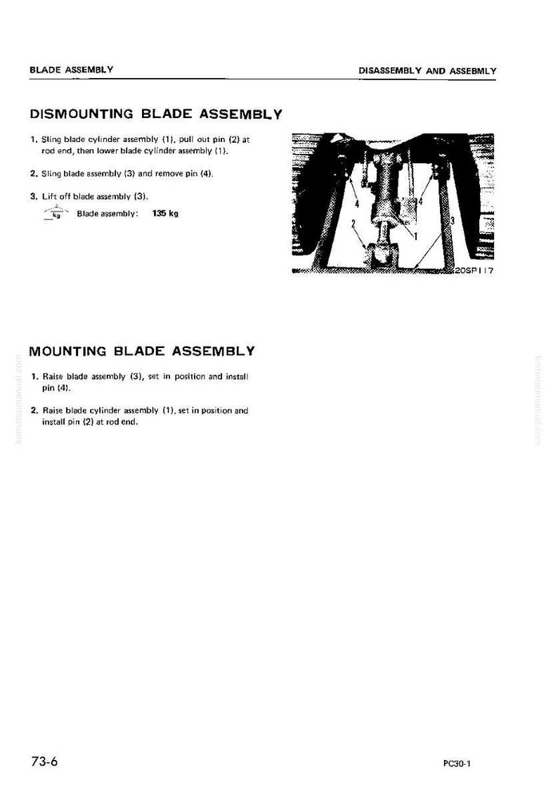 May include: Diagram of blade assembly dismounting and mounting instructions. The image includes a detailed illustration of the assembly process, with numbered components and text descriptions. The blade assembly weighs 135 kg.