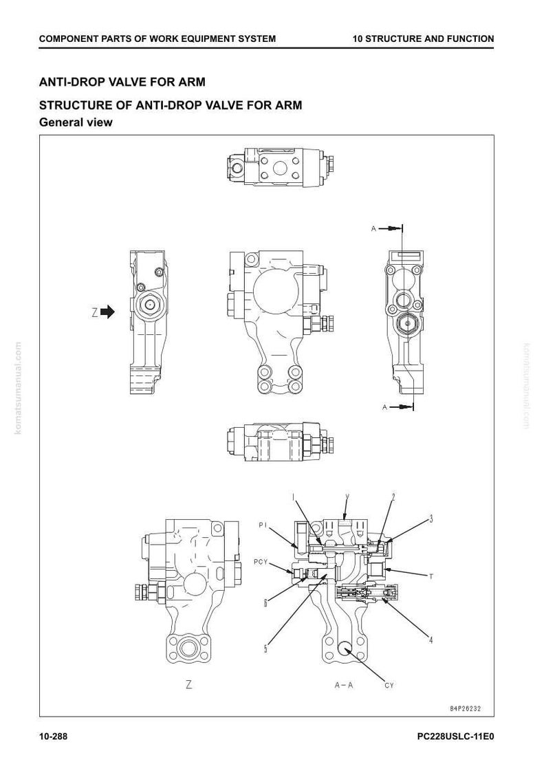 May include: Diagram of an anti-drop valve for an arm, showing its structure and function. The image includes multiple views and cross-sections of the valve, labeled with letters and numbers. Text at the top indicates the component is part of a work equipment system.