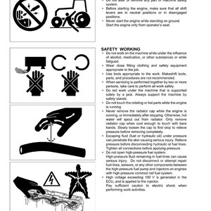 May include: Safety instructions page with black and white illustrations and text. Diagrams show warnings about starting and working on machinery, including avoiding shorting terminals, wearing safety gear, and avoiding high-pressure fuel systems.