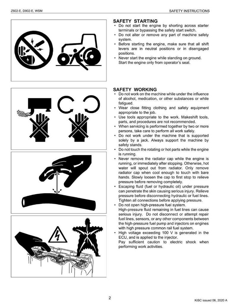 May include: Safety instructions page with black and white illustrations and text. Diagrams show warnings about starting and working on machinery, including avoiding shorting terminals, wearing safety gear, and avoiding high-pressure fuel systems.