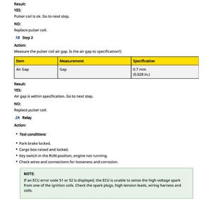 May include: A white document with black text detailing automotive diagnostic steps. It includes instructions for measuring resistance and air gaps, with specifications in inches and millimeters. The document also lists test conditions and a note about error codes.