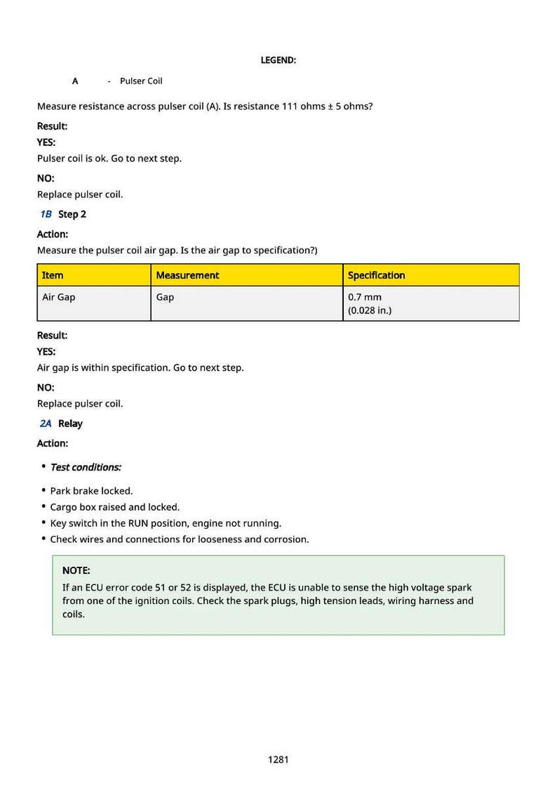 May include: A white document with black text detailing automotive diagnostic steps. It includes instructions for measuring resistance and air gaps, with specifications in inches and millimeters. The document also lists test conditions and a note about error codes.