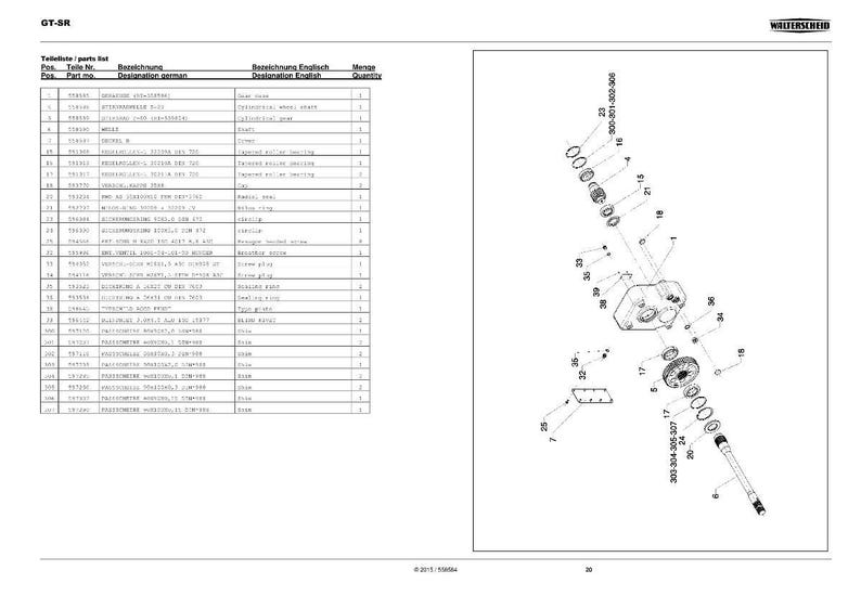 May include: An exploded diagram of mechanical components, including gears, shafts, and bearings. The diagram is labelled with part numbers and descriptions in English and German. The image is a technical illustration.