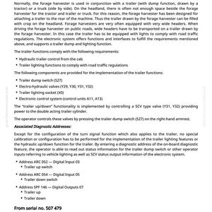 May include: Document titled "Reference 240-10AB-010, Operational Information of Trailer Functions." The text describes the functions of a forage harvester trailer, including hydraulic control, lighting, and diagnostic addresses.