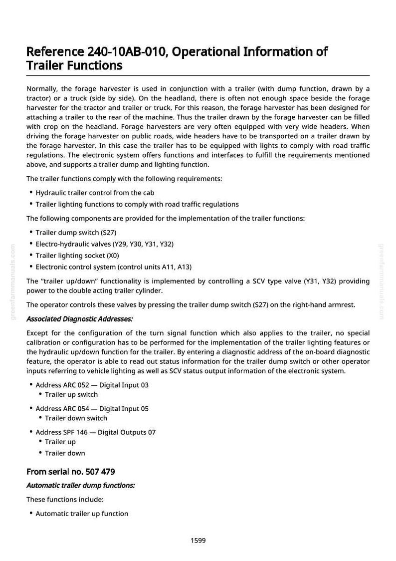May include: Document titled "Reference 240-10AB-010, Operational Information of Trailer Functions." The text describes the functions of a forage harvester trailer, including hydraulic control, lighting, and diagnostic addresses.