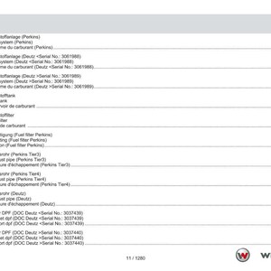 May include: A page from a manual with the title "Inhaltsverzeichnis Contents Table des mati&egrave;res". The page lists various fuel system components, including fuel filters, exhaust pipes, and fuel tanks. The Weidemann logo is in the bottom right corner.