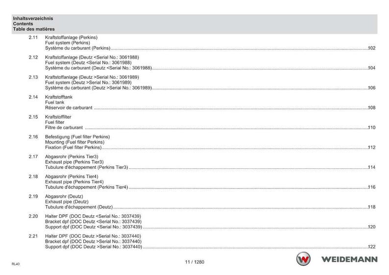May include: A page from a manual with the title "Inhaltsverzeichnis Contents Table des mati&egrave;res". The page lists various fuel system components, including fuel filters, exhaust pipes, and fuel tanks. The Weidemann logo is in the bottom right corner.
