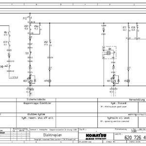 Puede incluir: Un diagrama esquem&aacute;tico el&eacute;ctrico detallado con varios s&iacute;mbolos y etiquetas. El diagrama incluye texto como "Motor Stop", "Shutdown System" y "Warning Circuit". El logotipo de Komatsu es visible en la parte inferior.