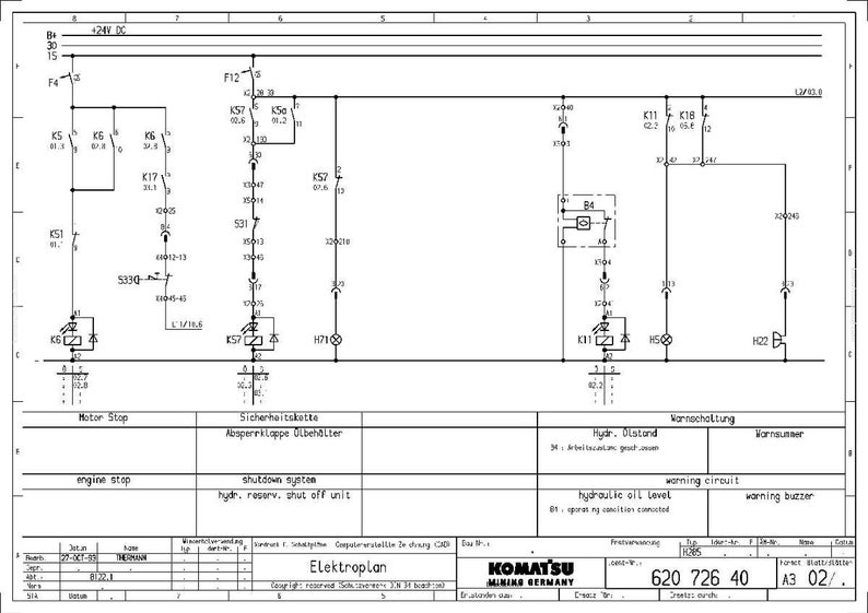 Puede incluir: Un diagrama esquem&aacute;tico el&eacute;ctrico detallado con varios s&iacute;mbolos y etiquetas. El diagrama incluye texto como "Motor Stop", "Shutdown System" y "Warning Circuit". El logotipo de Komatsu es visible en la parte inferior.