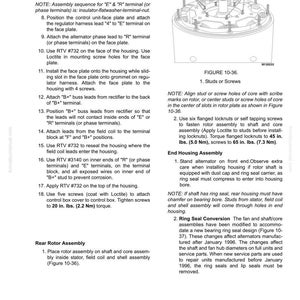 May include: Diagram of a battery charging alternator, featuring a detailed view of studs and screws, with accompanying notes on assembly and torque specifications. Includes text and figures for reference.