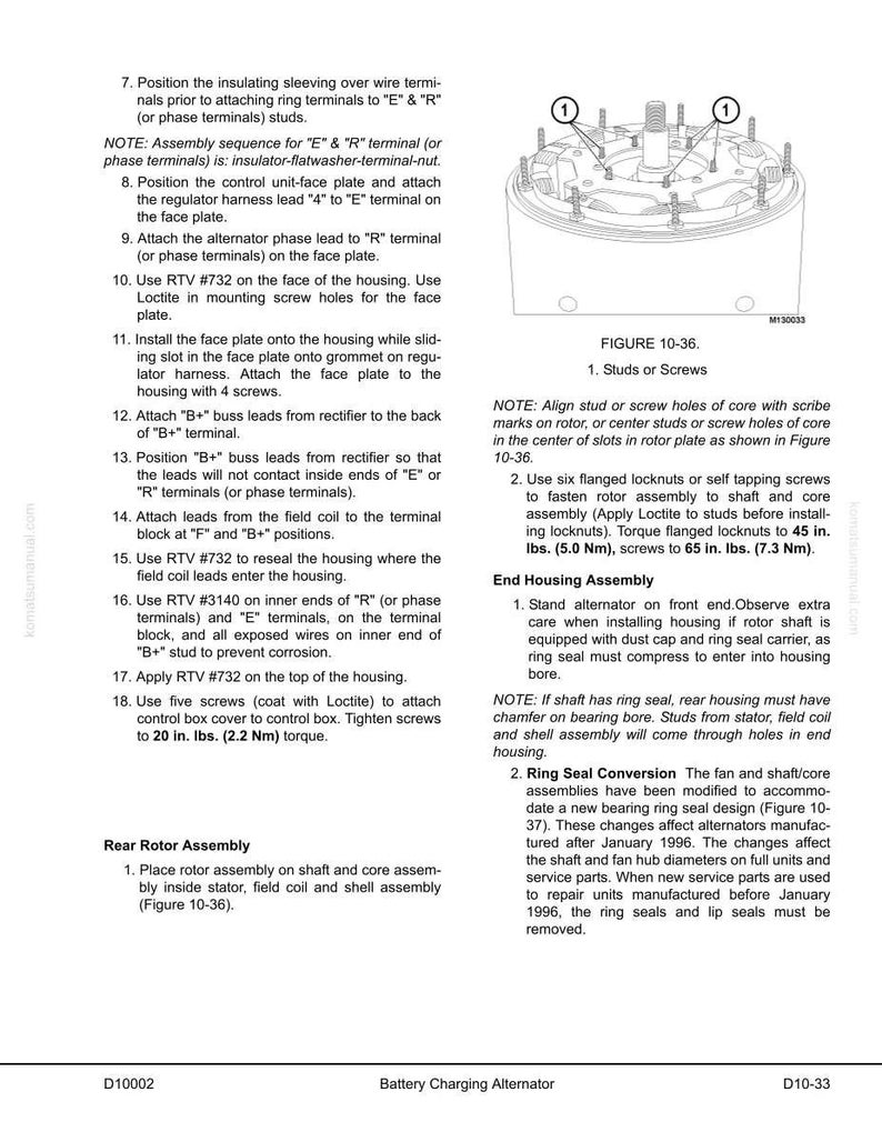 May include: Diagram of a battery charging alternator, featuring a detailed view of studs and screws, with accompanying notes on assembly and torque specifications. Includes text and figures for reference.