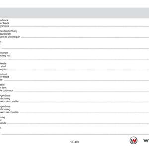 May include: A page from a technical manual with a table of contents in German, English, and French. The table lists engine components such as cylinder block, crankshaft, piston, and cylinder head. The Weidemann logo is at the bottom.
