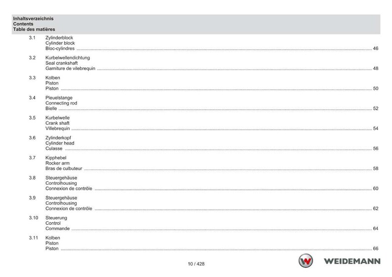 May include: A page from a technical manual with a table of contents in German, English, and French. The table lists engine components such as cylinder block, crankshaft, piston, and cylinder head. The Weidemann logo is at the bottom.