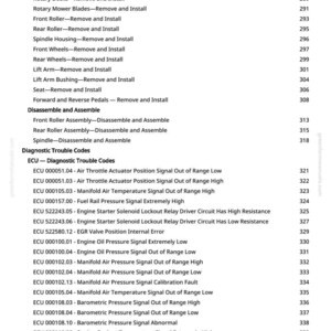May include: A page from a manual with a list of specifications, including "Remove and Install" instructions for various mower parts, and a section on "Diagnostic Trouble Codes" for an ECU, with error codes and descriptions.