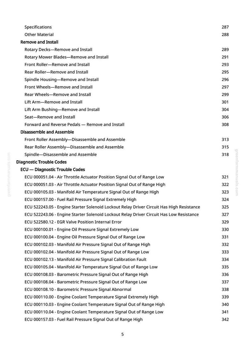 May include: A page from a manual with a list of specifications, including "Remove and Install" instructions for various mower parts, and a section on "Diagnostic Trouble Codes" for an ECU, with error codes and descriptions.