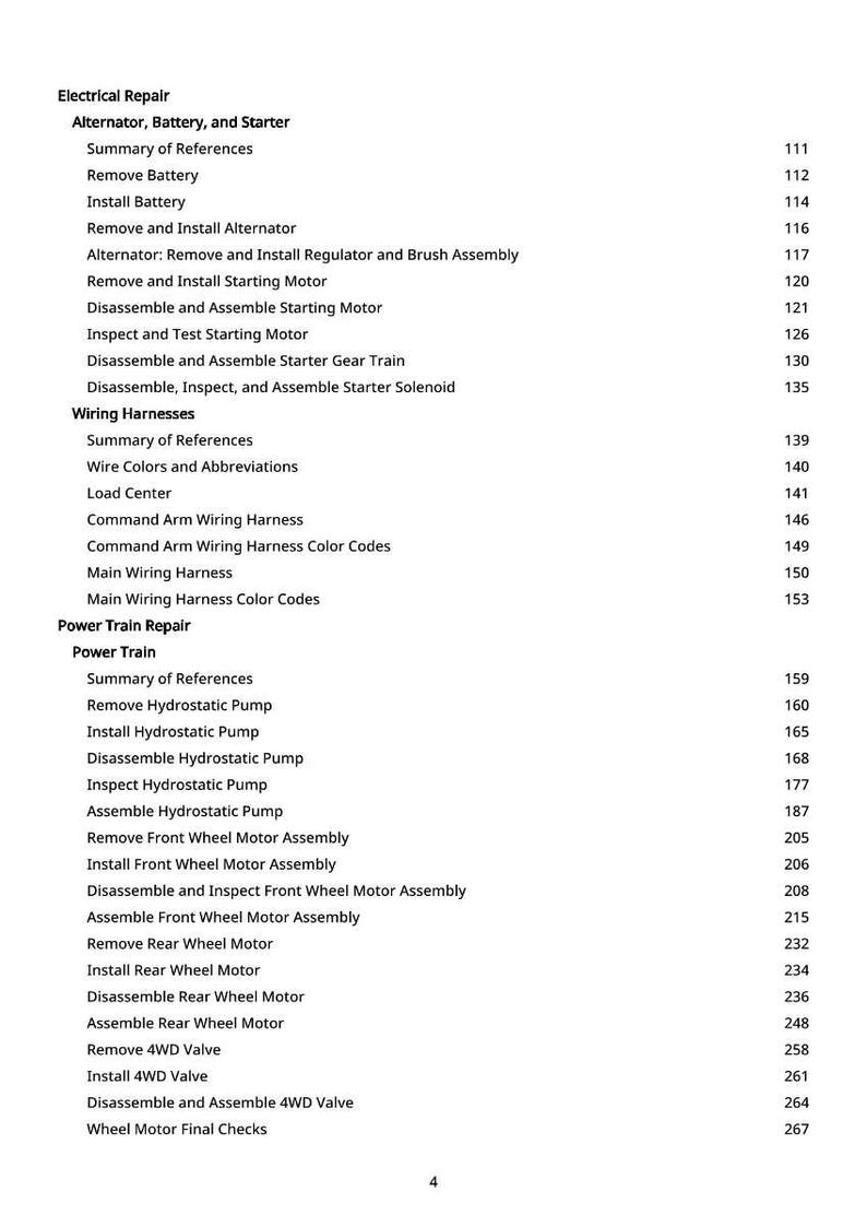 K&ouml;nnte beinhalten: Ein detailliertes Inhaltsverzeichnis aus einem Handbuch mit Abschnitten zu elektrischen Reparaturen und Antriebsstrangreparaturen. Der Text enth&auml;lt &Uuml;berschriften wie "Lichtmaschine, Batterie und Anlasser" und "Kabelb&auml;ume" mit Seitenzahlen.