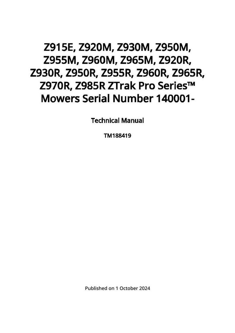 May include: A white document with black text listing mower model numbers: Z915E, Z920M, Z930M, Z950M, Z955M, Z960M, Z965M, Z920R, Z930R, Z950R, Z955R, Z960R, Z965R, Z970R, Z985R ZTrak Pro Series&trade;. The document is a technical manual, TM188419, published on October 1, 2024.