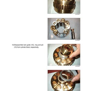 May include: Images detailing the disassembly of a cylinder sub-assembly. The images show various components, including a cylinder block assembly, piston assembly, and seat plate. The text reads: "Disassemble cylinder sub." and "Disassemble ball guide (16), ring and pin (15) from cylinder block, respectively."