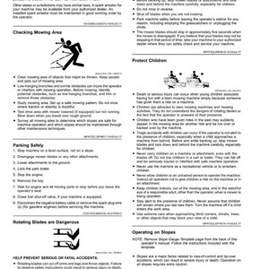 May include: A page from a safety manual with text and diagrams, offering guidance on safe mowing practices. It covers topics like checking the mowing area, protecting children, and operating on slopes. The page is white with black text.