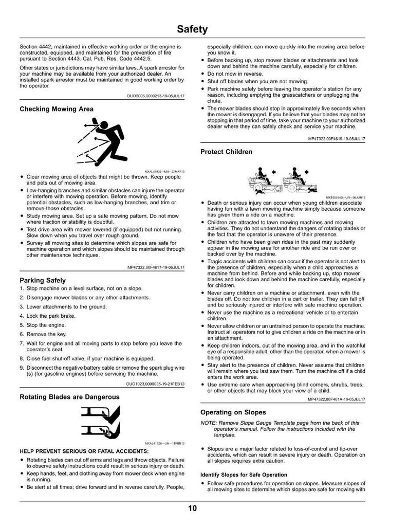 May include: A page from a safety manual with text and diagrams, offering guidance on safe mowing practices. It covers topics like checking the mowing area, protecting children, and operating on slopes. The page is white with black text.