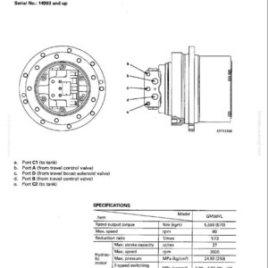 Puede incluir: Diagrama t&eacute;cnico de un motor de desplazamiento GM06VL, con esquemas detallados y especificaciones. Incluye medidas en Nm y MPa, con un n&uacute;mero de serie de 14993 y superior. El diagrama muestra la estructura y funci&oacute;n del motor.